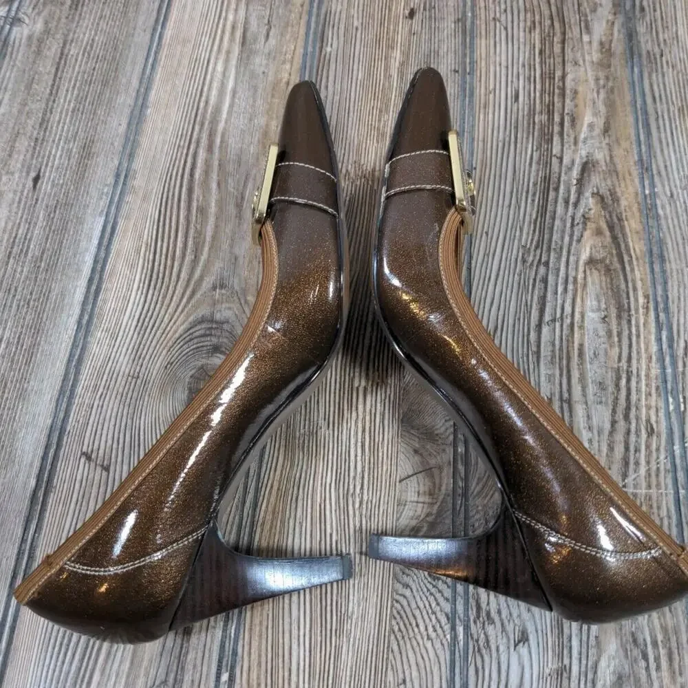 Tahari Adam Pointed Toe Heels Patent Glitter Bronze Brown‎ Designer Pumps Sz 6.5